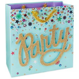 Gold Party on Turquoise Large Square Gift Bag, 10.5", Gold Party on Turquoise Large Square Gift Bag, 10.5", , large