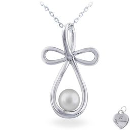 Cross with Pearl Accent Necklace in Sterling Silver, Cross with Pearl Accent Necklace in Sterling Silver, , large