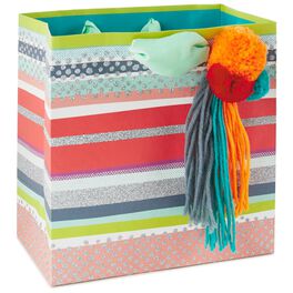 Pom Pom Tassel Medium Square Gift Bag, 7.75", Pom Pom Tassel Medium Square Gift Bag, 7.75", , large