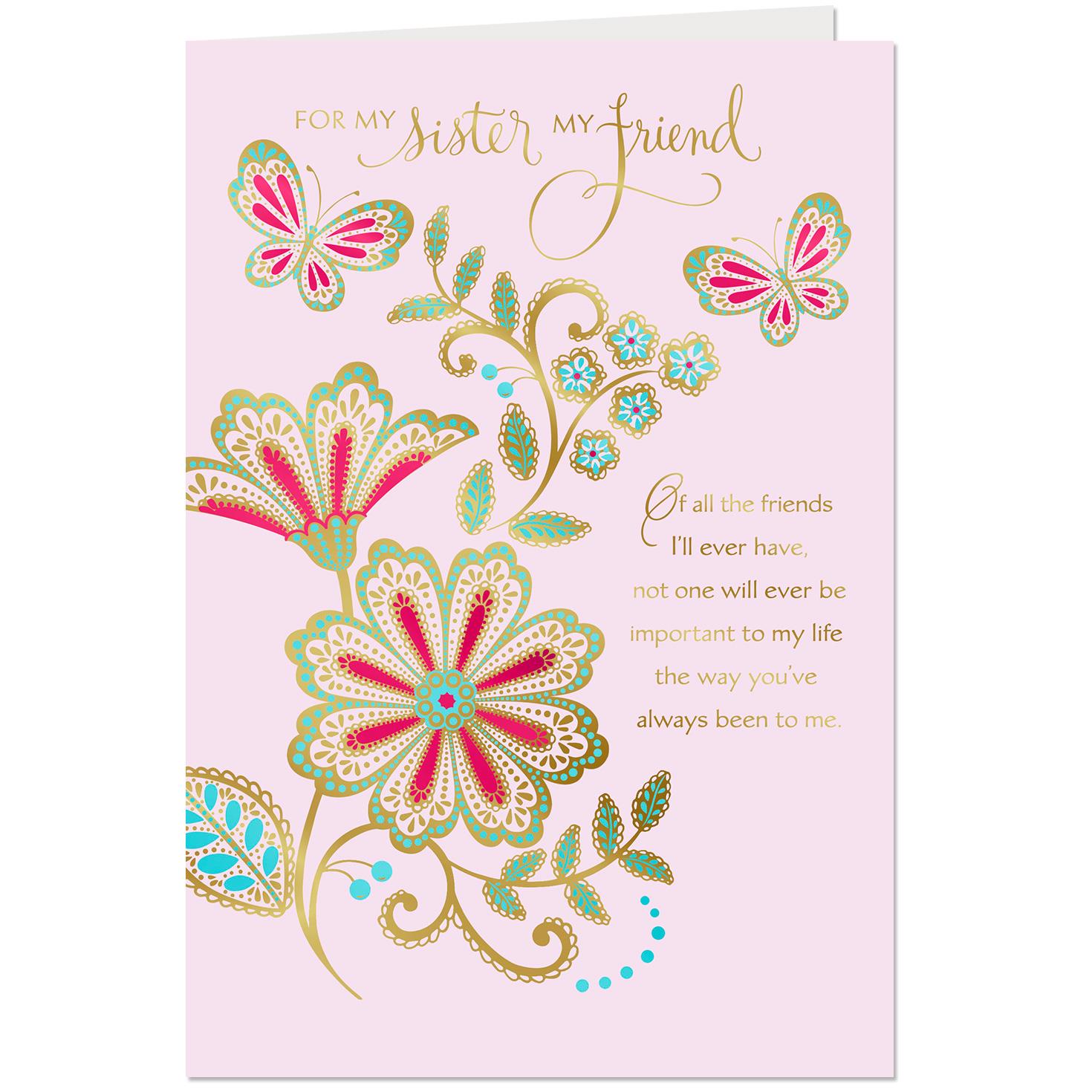 my sister my friend flowers and butterflies birthday card birthday post card