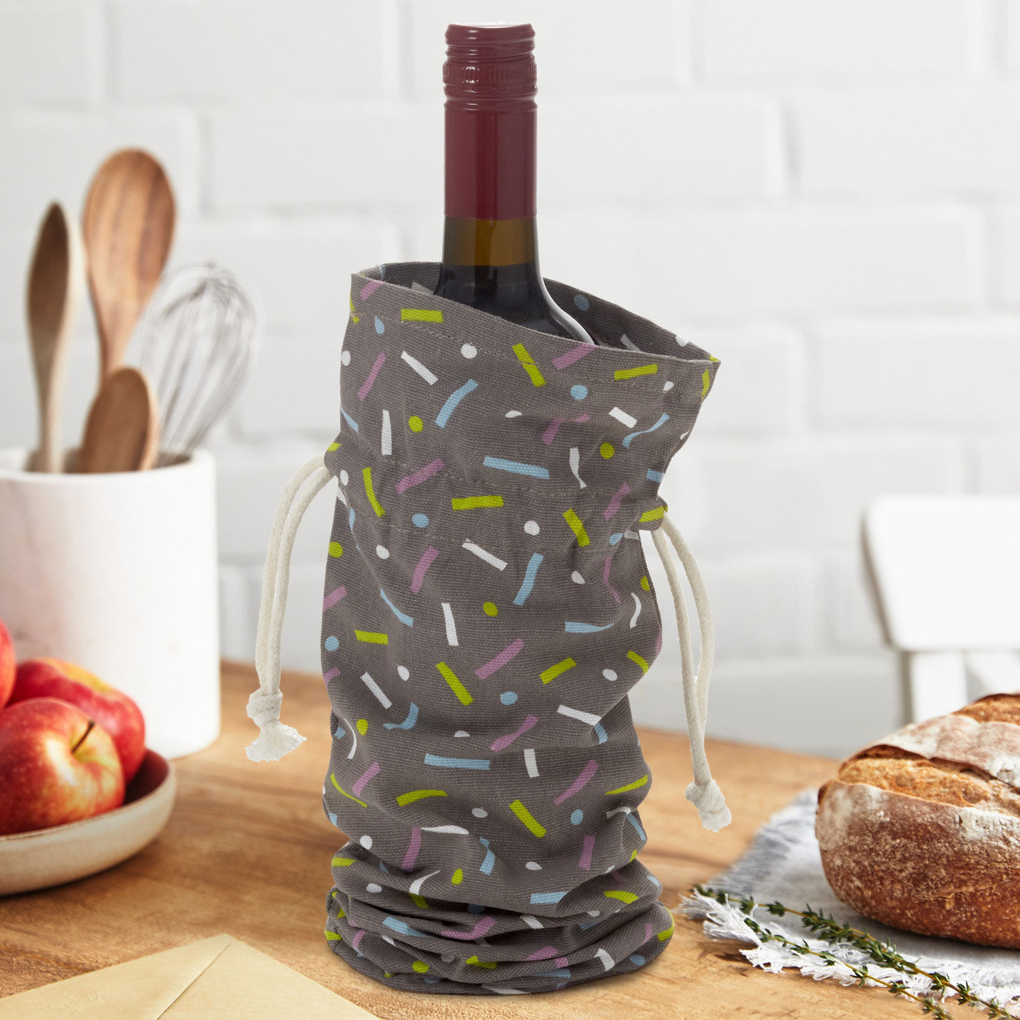 Confetti on Black Fabric Wine Gift Bag In use image number 2
