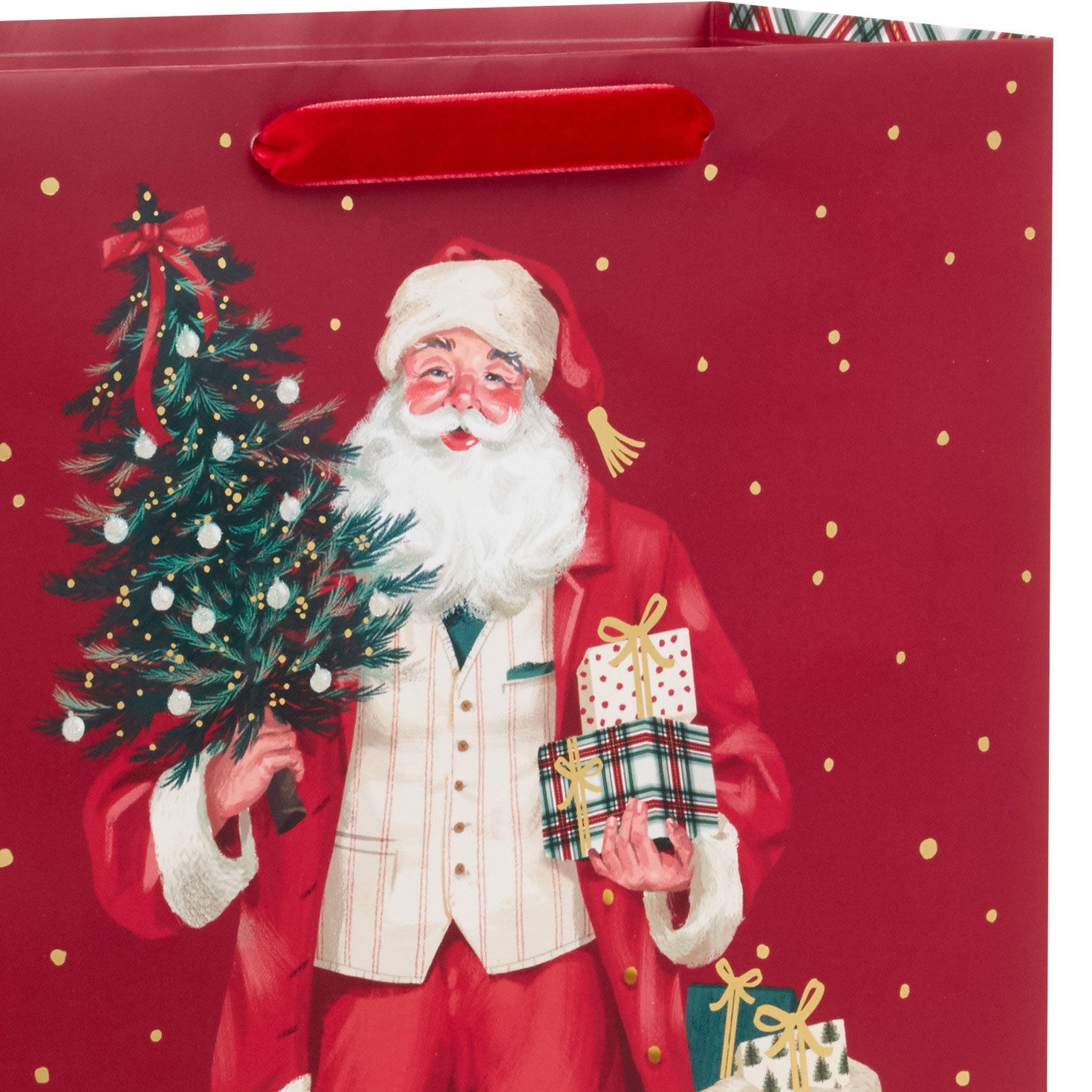 Santa With Gifts on Red Large Christmas Gift Bag Handle Detail image number 4