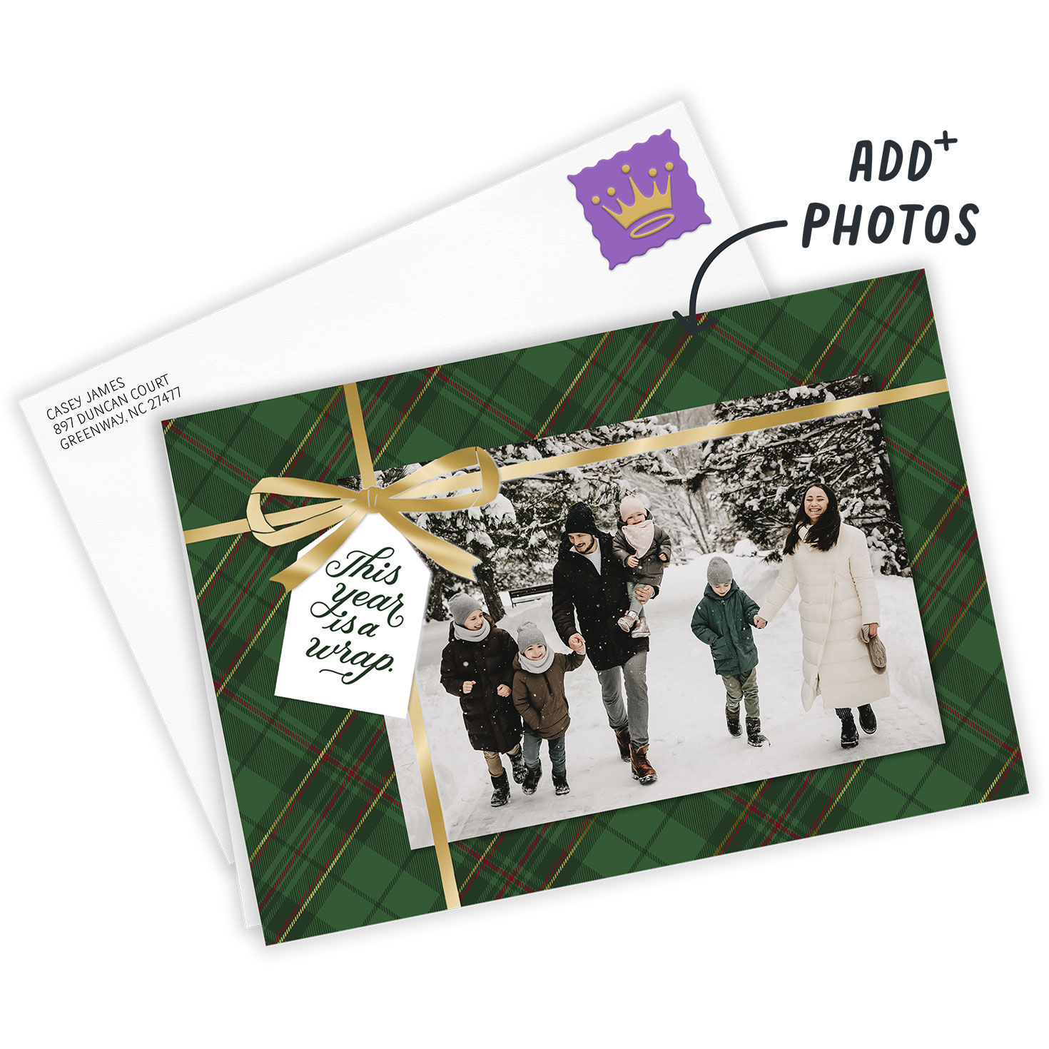 Green Plaid Gold Ribbon Gift Holiday Photo Card Card Front indicating personalization image number 2