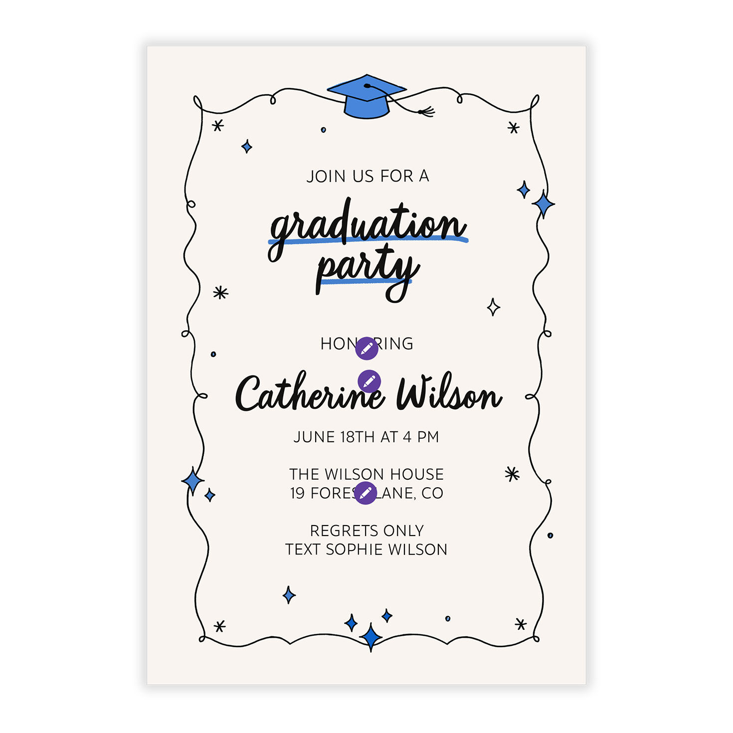 Doodle Line Border and Stars Grad Party Invitation Card Front indicating personalization image number 5