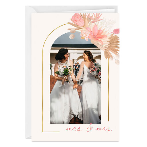 Gold Arch & Pink Flowers Folded Wedding Photo Card, 