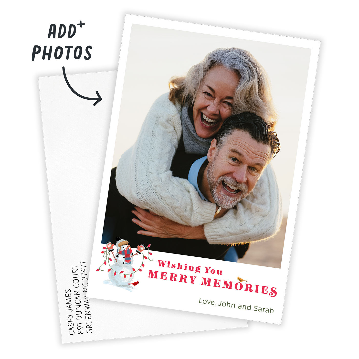 Snowman With Lights Personalized Christmas Photo Card Card Front indicating personalization image number 2