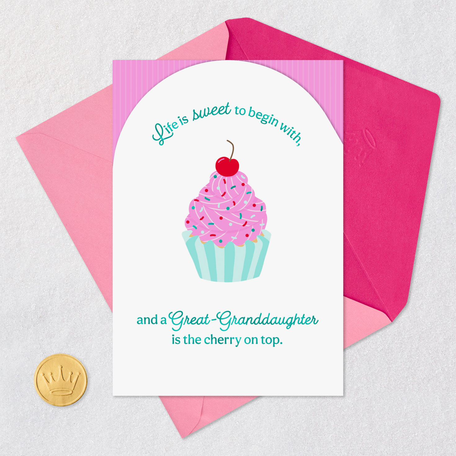 Cupcake With Cherry Great-Granddaughter Birthday Card Card Front with Envelope and Gold Seal image number 5
