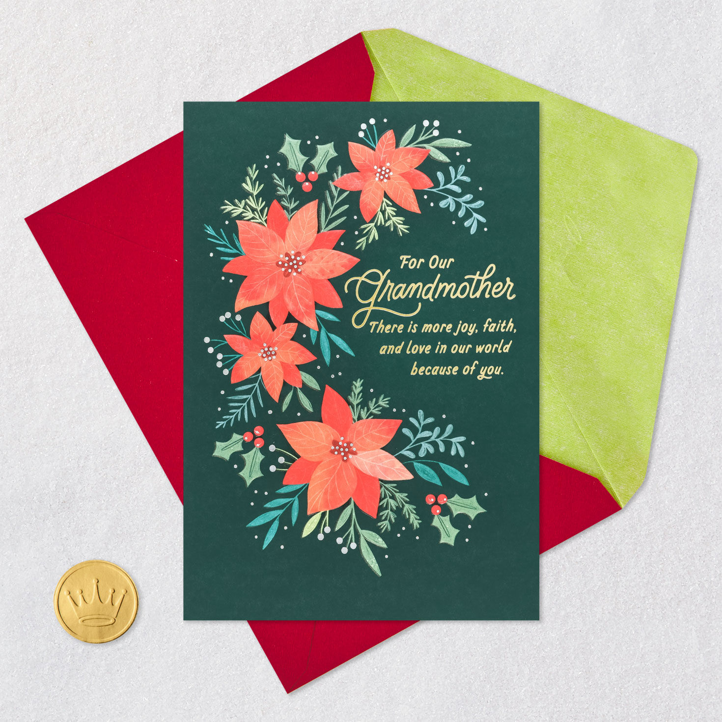 Pink Poinsettias on Emerald Green Christmas Card for Grandma Card Front with Envelope and Gold Seal image number 6