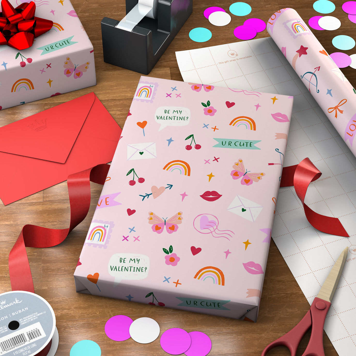 Hearts and Doodles Pink Valentine's Day Gift Wrap Wrapped package image number 3