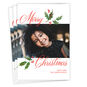 Holly Red Script Personalized Christmas Photo Card front fanned image number 1
