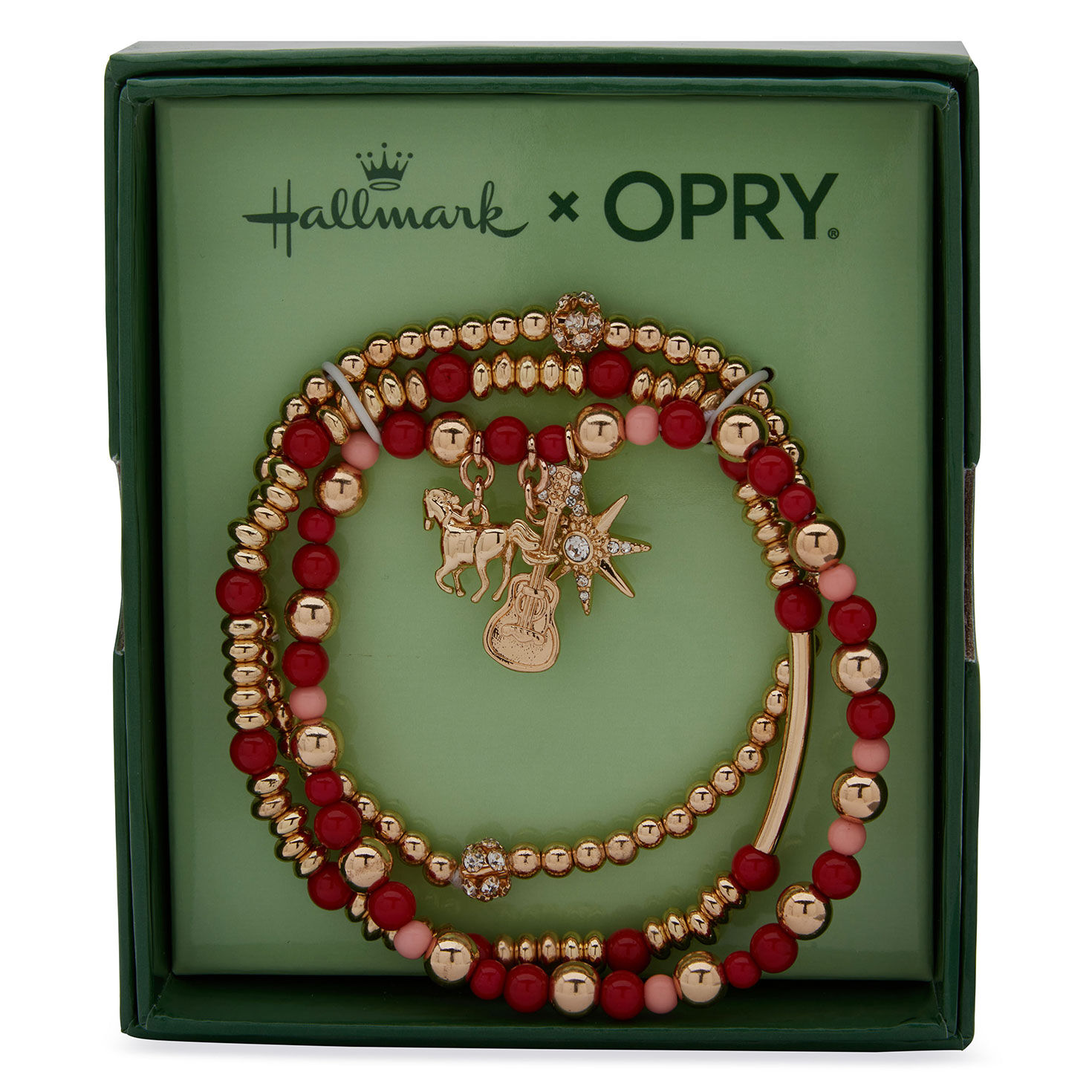 Pink, Red and Gold Bead Bracelets Set With Charms in package image number 2