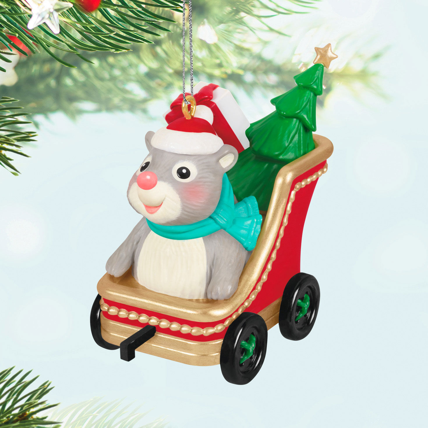 Hamster in Sleigh With Tree Keepsake Ornament Hanging on tree image number 2