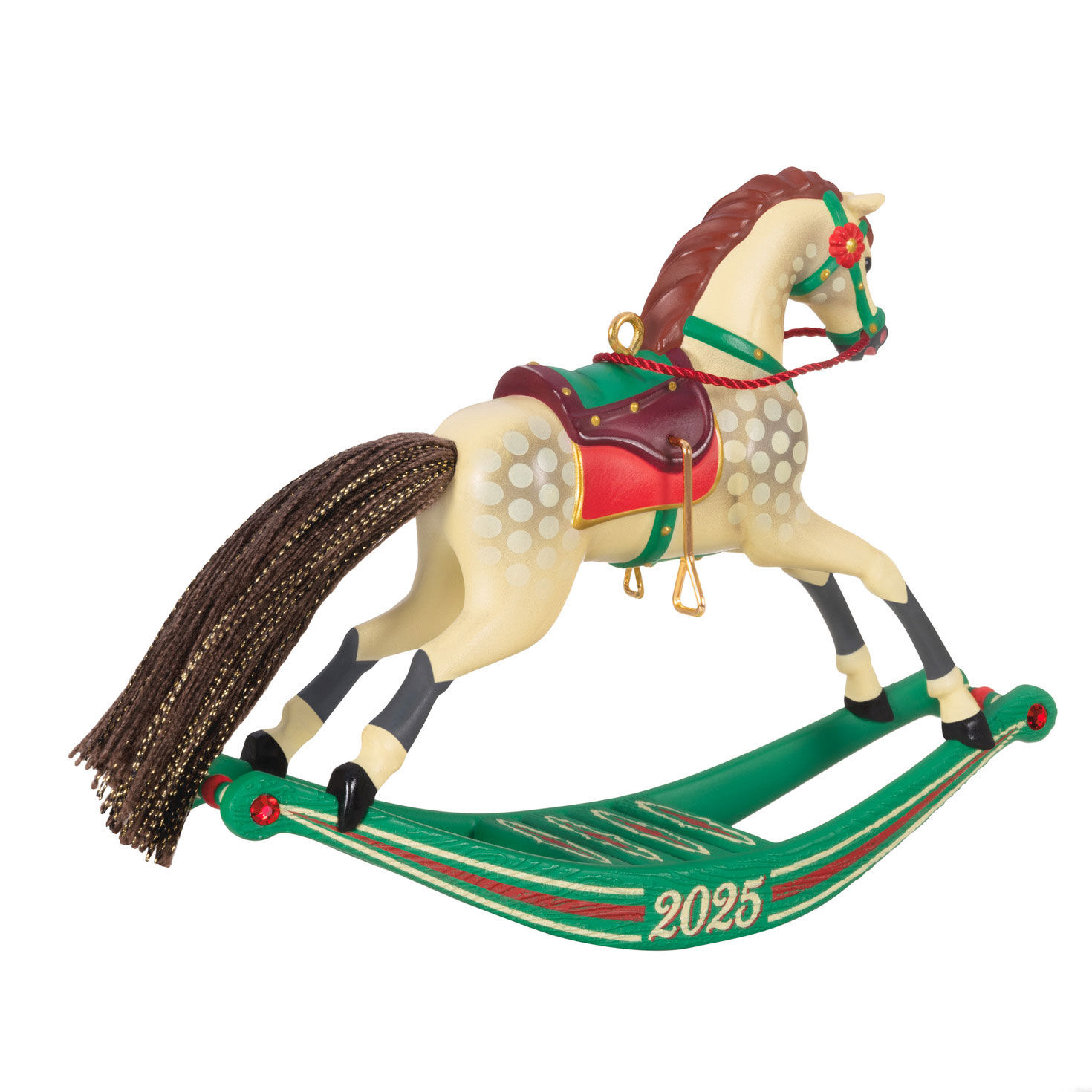 Cream Horse on Green Rocker Keepsake Ornament Back image number 6