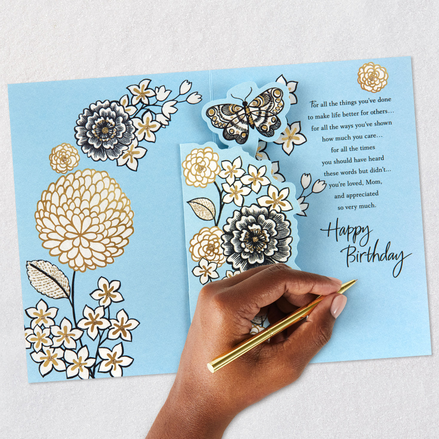 Butterfly and Flowers Pop-Up Birthday Card for Mom Signing card image number 6
