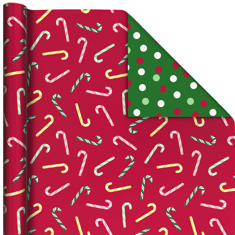 Candy Canes on Red/Dots on Green Christmas Reversible Wrapping Paper Roll, 30 sq. ft.