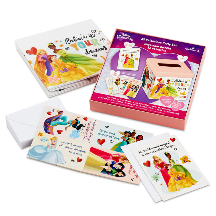 Disney Princess Pink and White Kids Classroom Valentines Set With Cards and Light-Up Mailbox With Sound - Boxed Cards | Hallmark disney-princess-pink-and-white-kids-classroom-valentines-set-with-cards-and-light-up-mailbox-with-sound-boxed-cards-hallmark