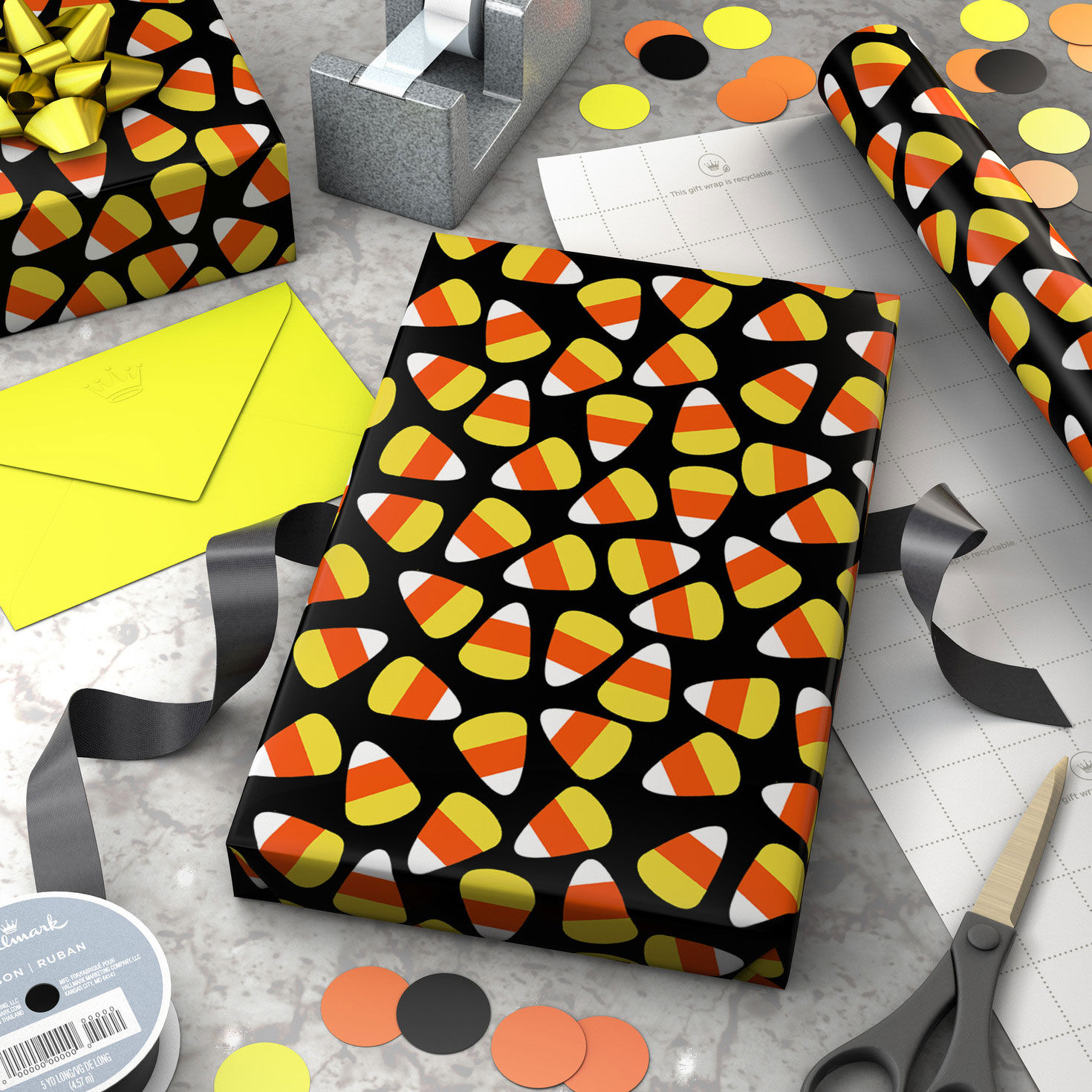 Candy Corn on Black Halloween Wrapping Paper Roll, 20 sq. ft., , large image number 2
