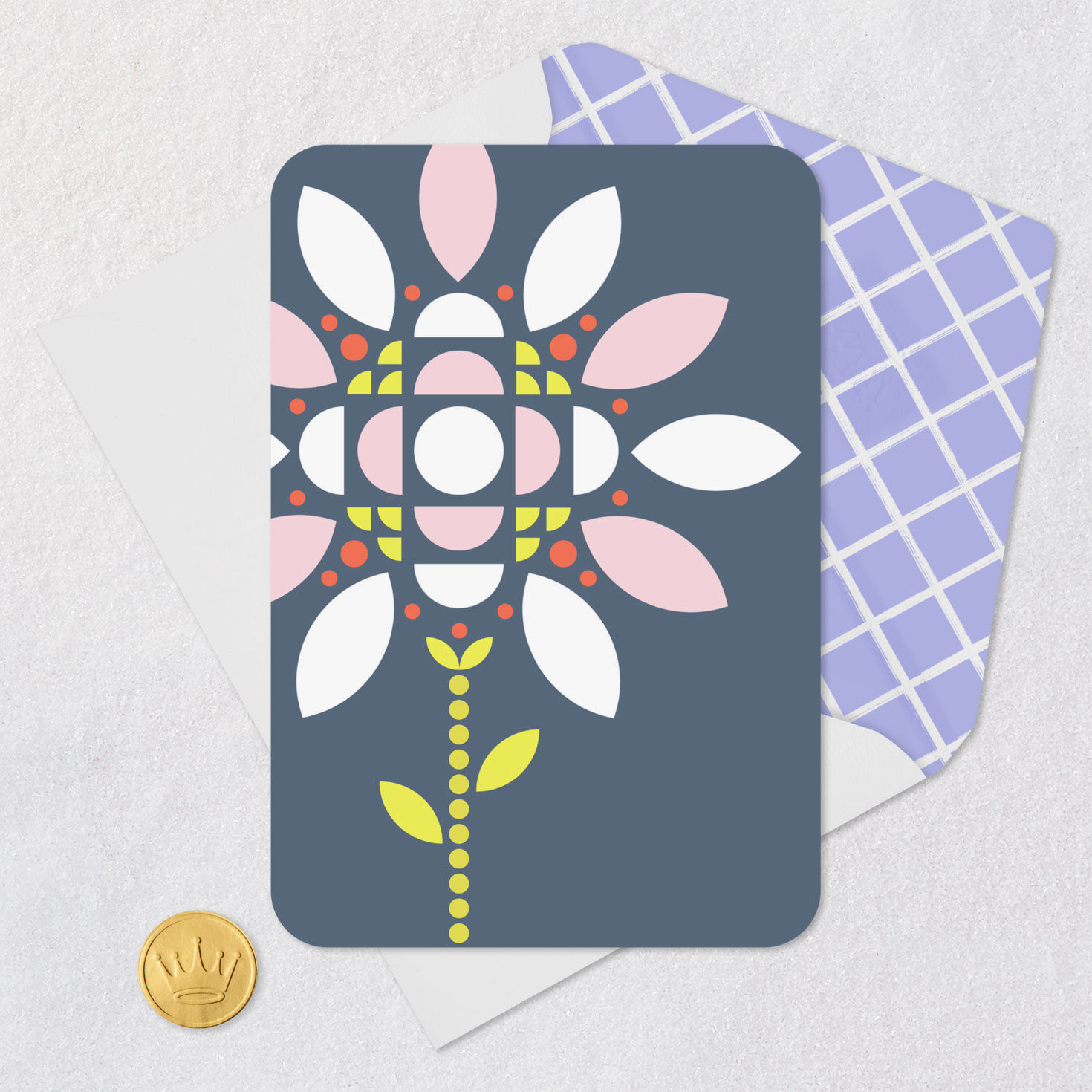 Mod Geometric Flower on Blue Blank Card Card Front with Envelope and Gold Seal image number 4
