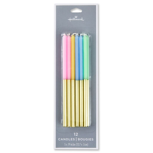 Pastel and Gold Two-Tone Tall Birthday Candles, Set of 12, Pastel & Gold