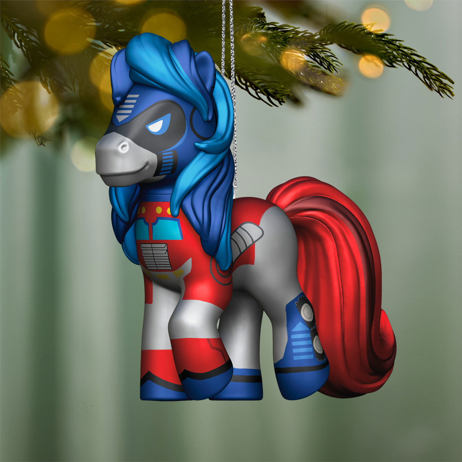 Red Blue Transformers Horse Keepsake Ornament hanging on tree image number 2