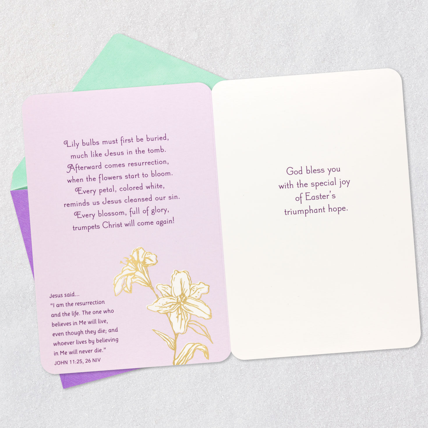 White Lilies on Purple Religious Easter Card Open card with envelope image number 5