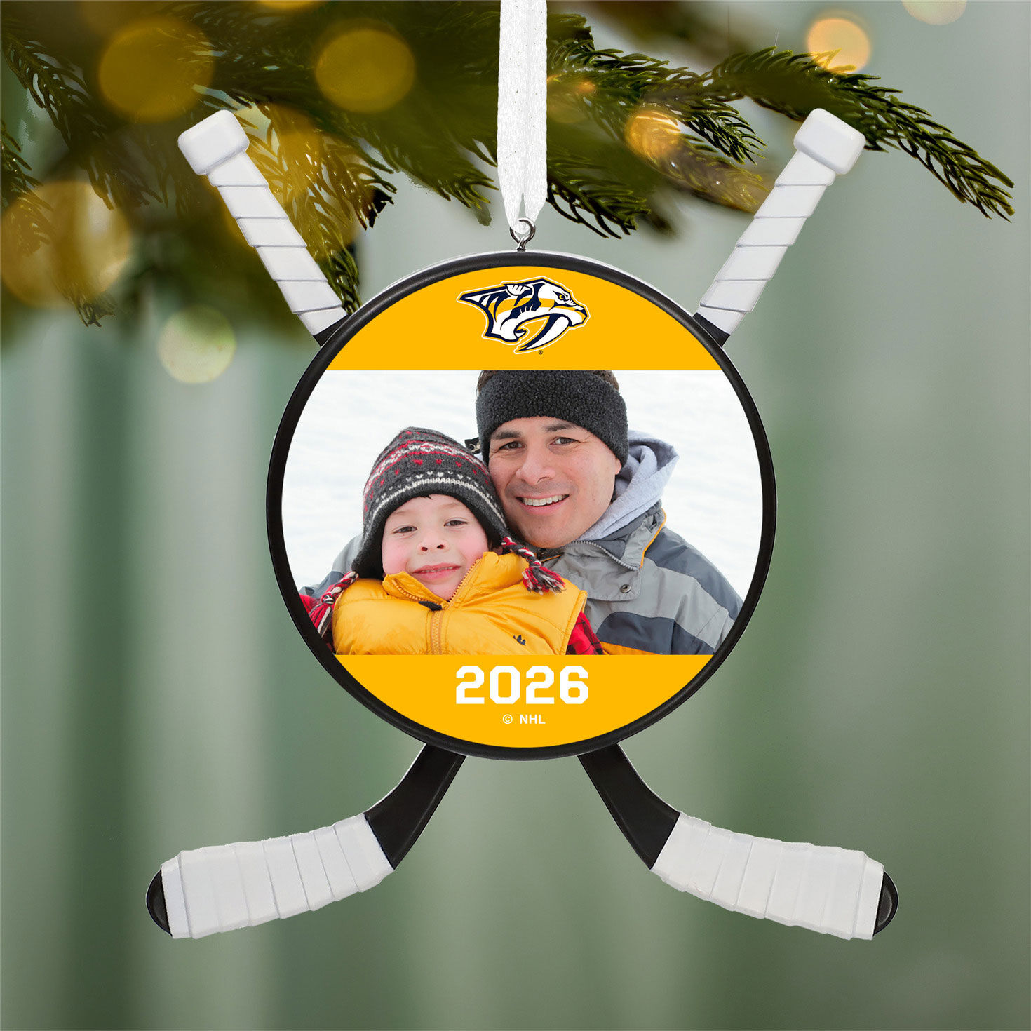 NHL Nashville Predators&reg; Hockey Personalized Ornament, Custom Photo and Text hanging on tree image number 2
