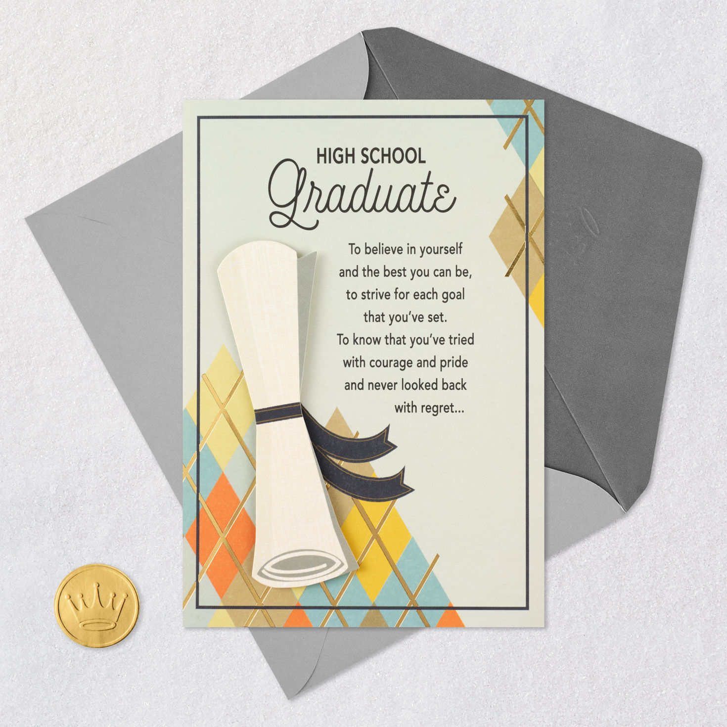 Orange, Blue and Tan Argyle Plaid High School Grad Card Card Front with Envelope and Gold Seal image number 6