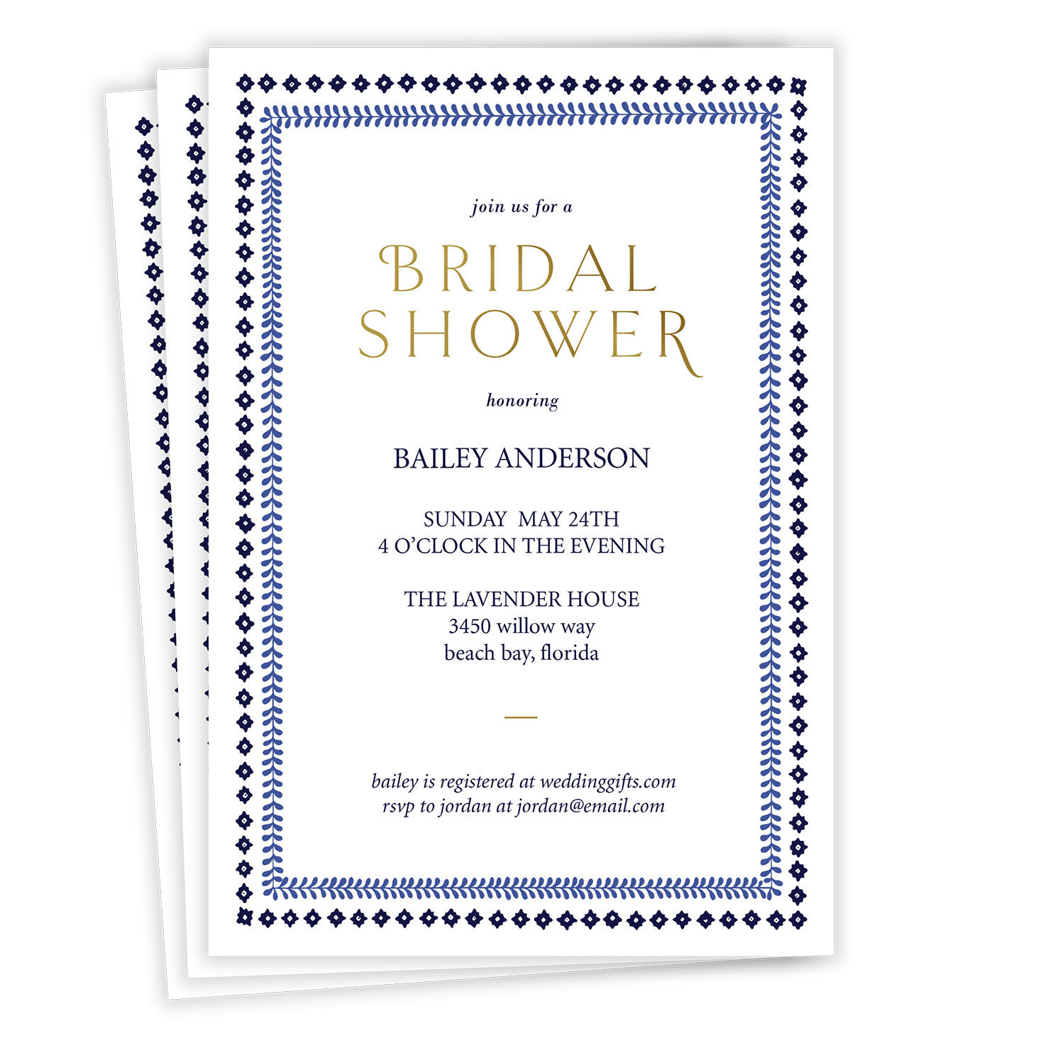 Blue Botanical Border Flat Bridal Shower Invitation