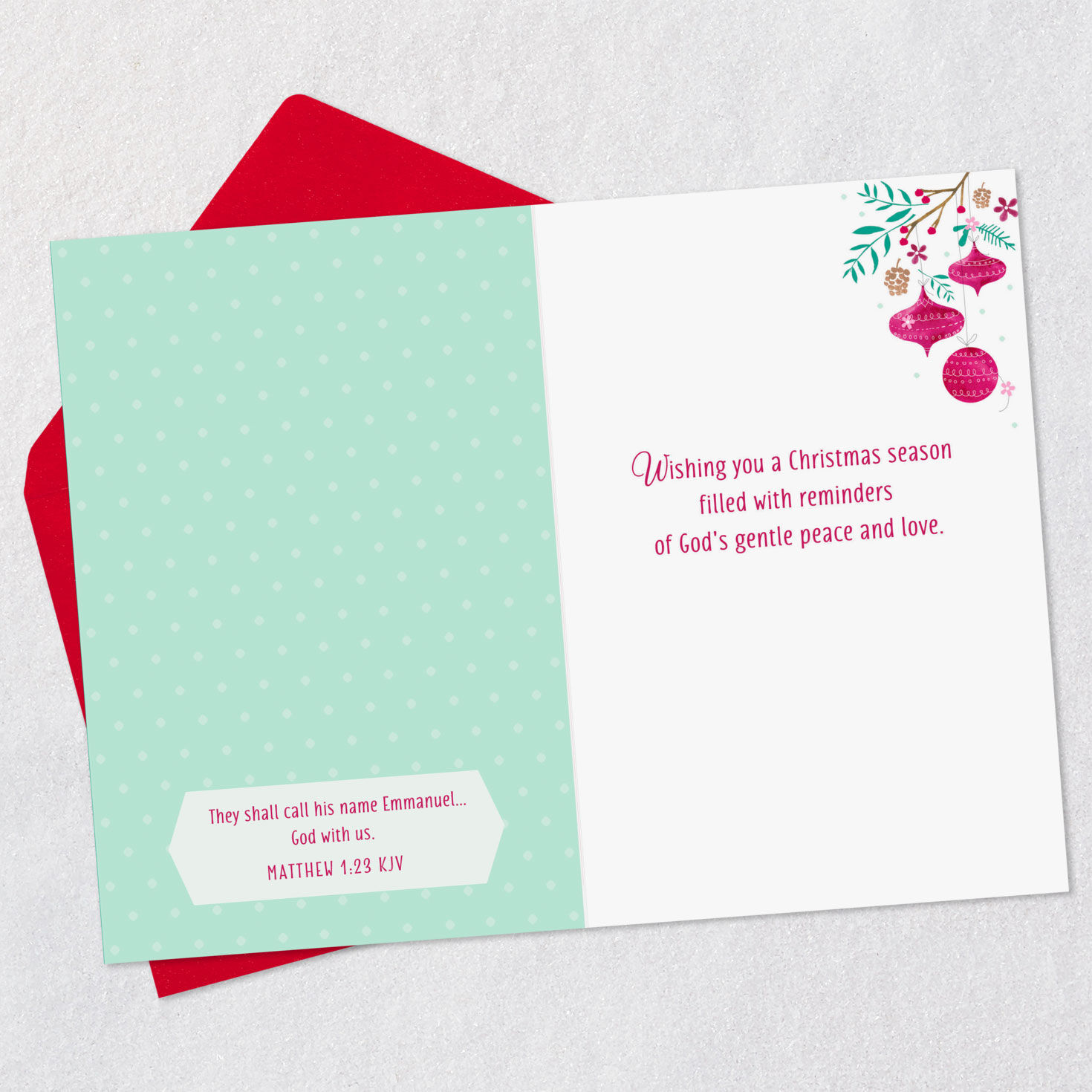 Dove with Pink Ornaments on Green Religious Christmas Card Open Card with Envelope image number 4