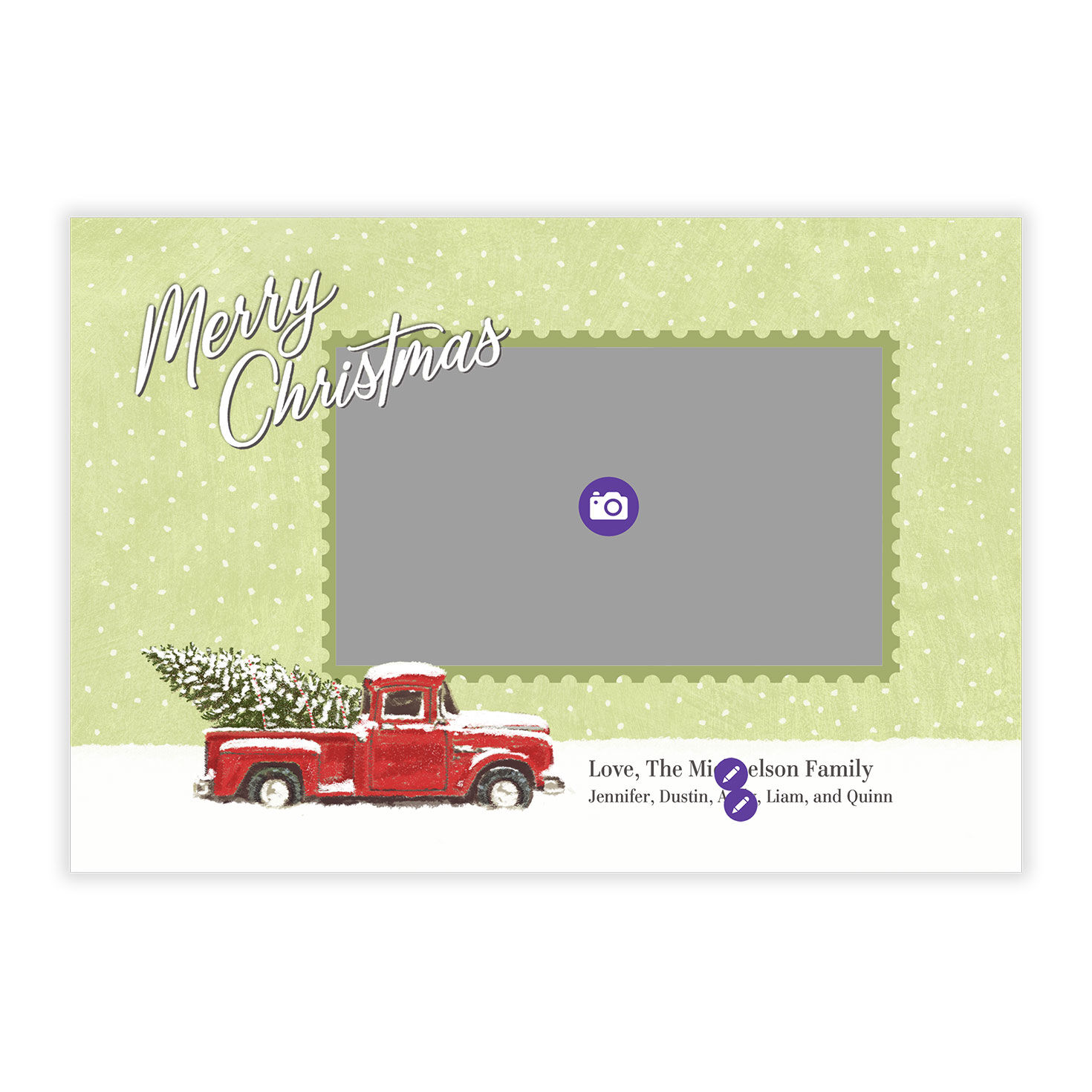 Green Stamp Red Truck Personalized Photo Card Card Front indicating personalization image number 5