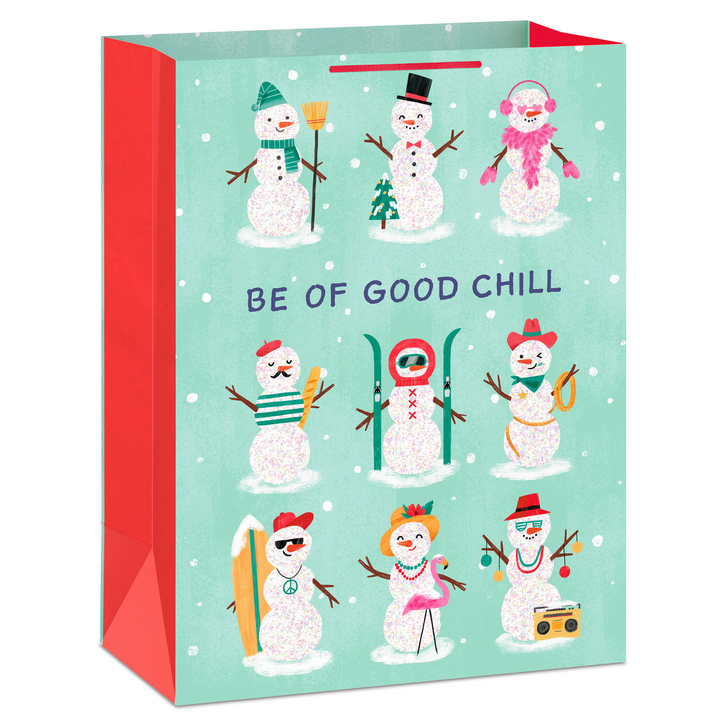 Modern Snowmen on Mint Green Jumbo Christmas Bag Front image number 1