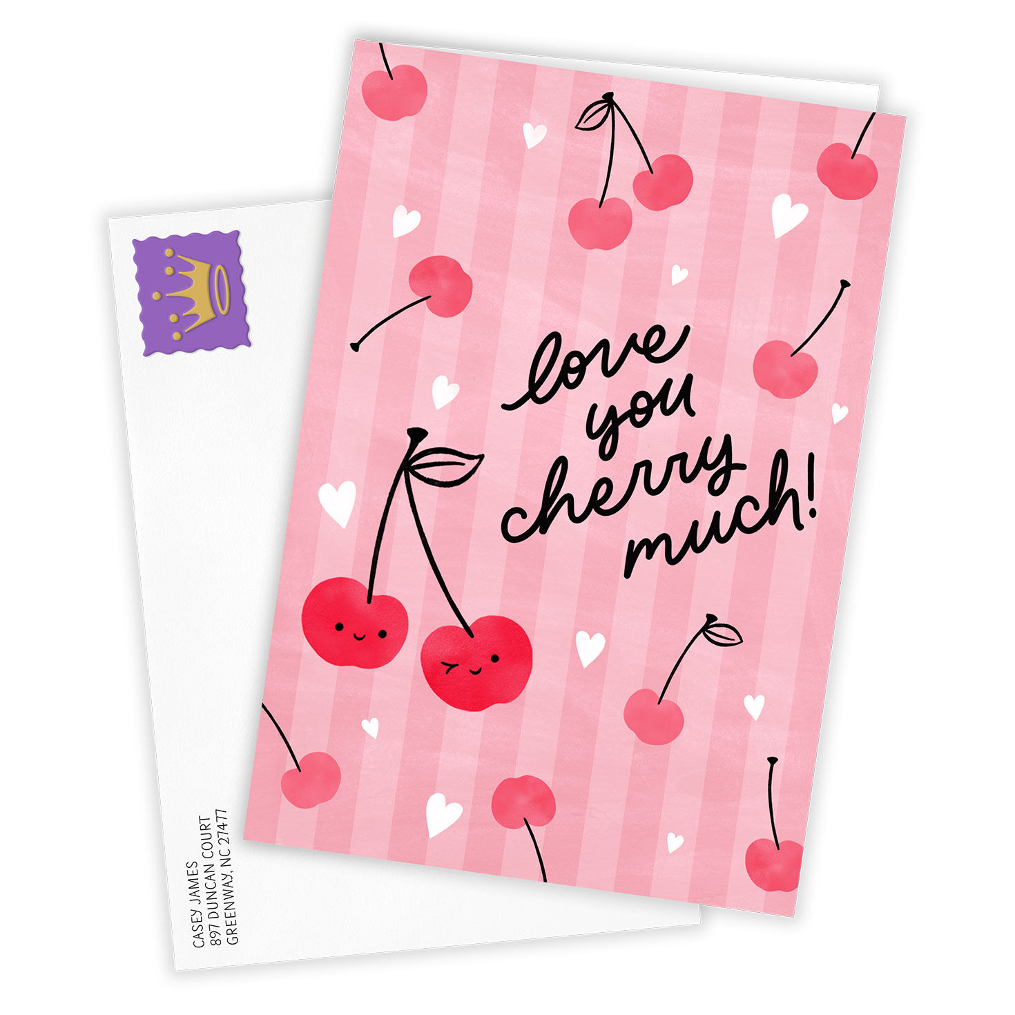 Cherries on Pink Personalized Valentine's Day Card Card Front with Envelope image number 2