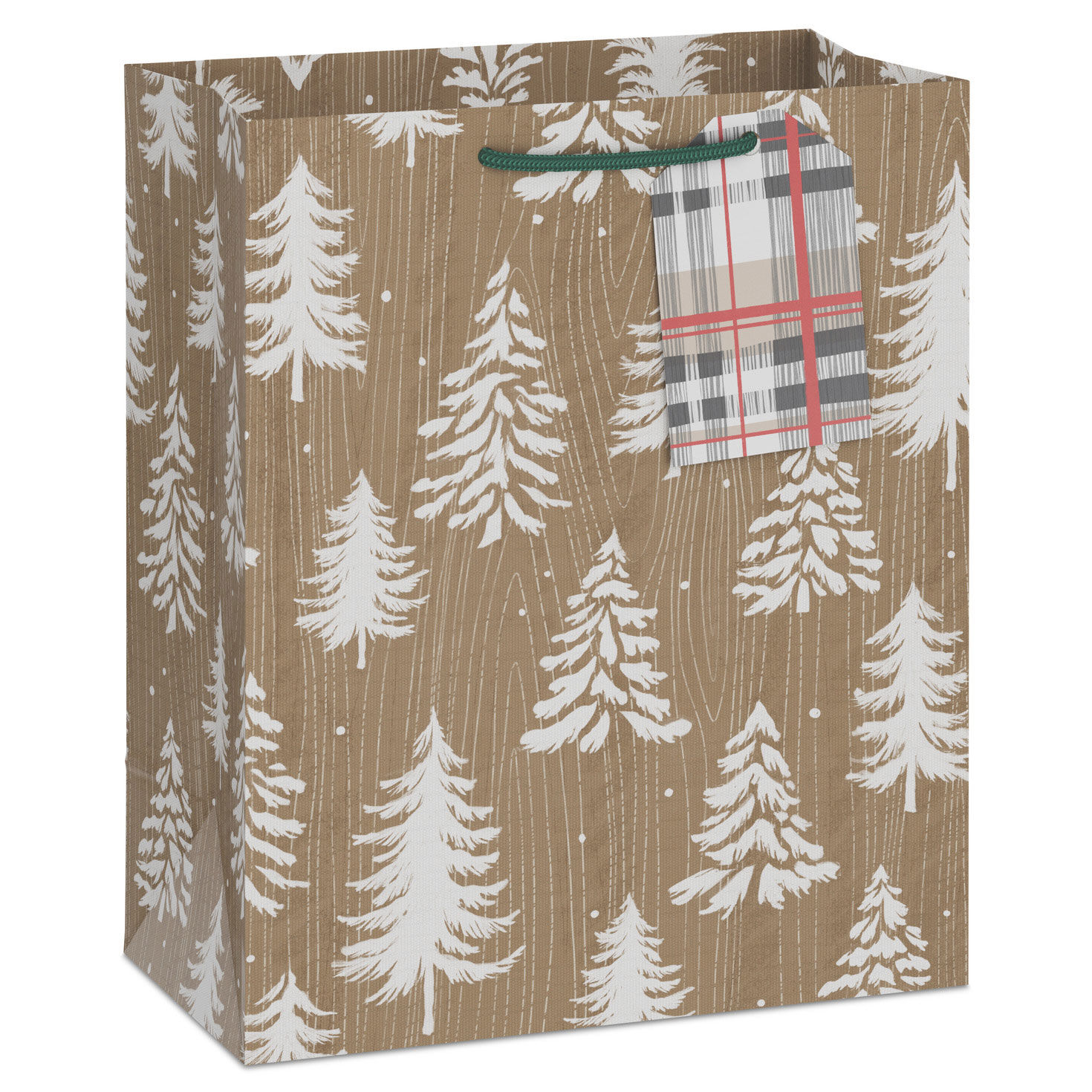 9.6" White Trees on Woodgrain Kraft Medium Christmas Gift Bag With Gift Tag