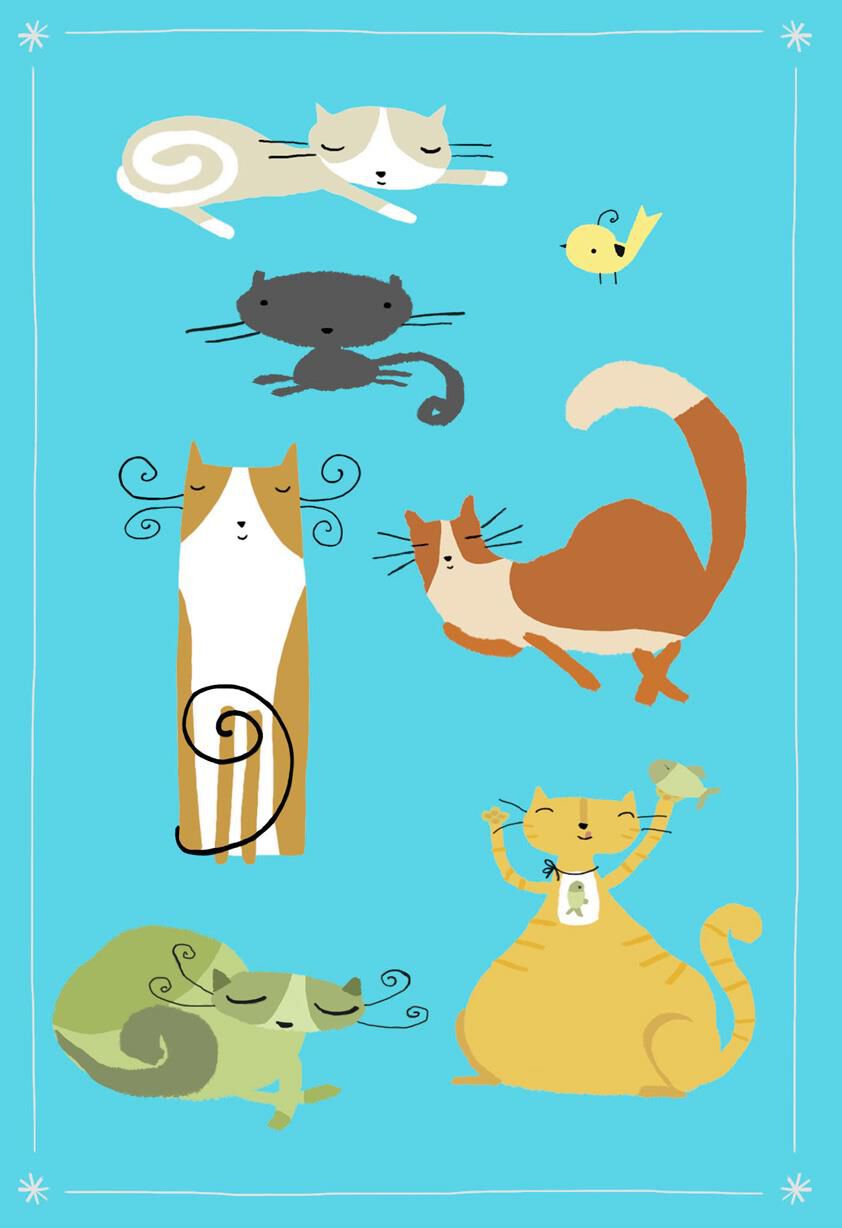 Whimsical Cats and Bird on Blue Blank Card