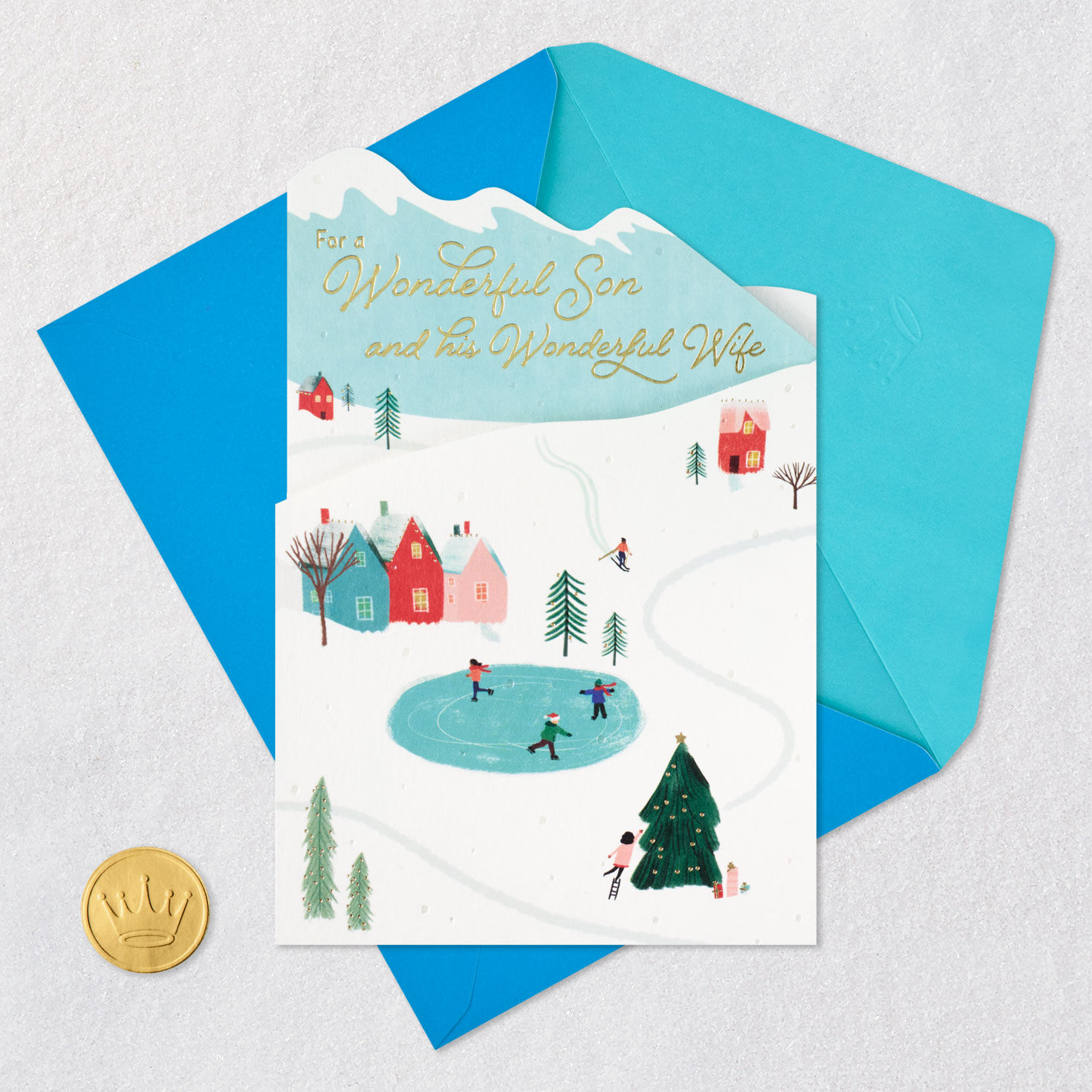 Winter Village Christmas Card for Son and His Wife Card Front with Envelope and Gold Seal image number 8