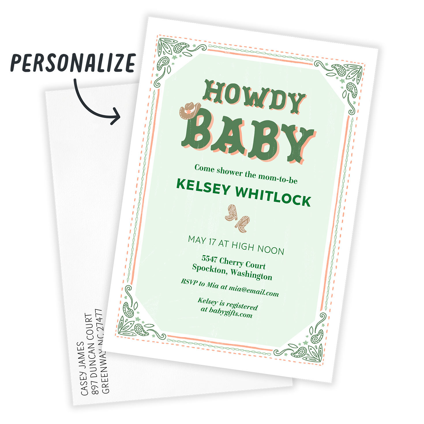Green Orange Howdy Baby Personalized Shower Invite Card front with Envelope indicating personalization image number 2