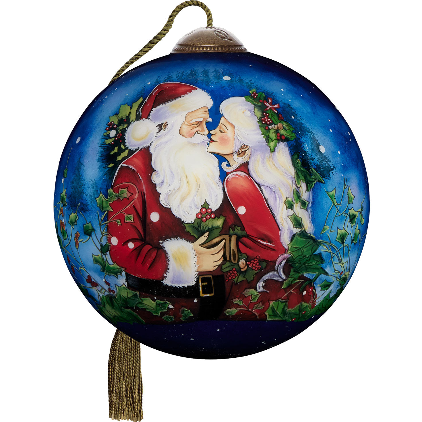 Ne'Qwa Art Merry Kiss-Mas Santa and Mrs. Claus Glass Christmas Ornament