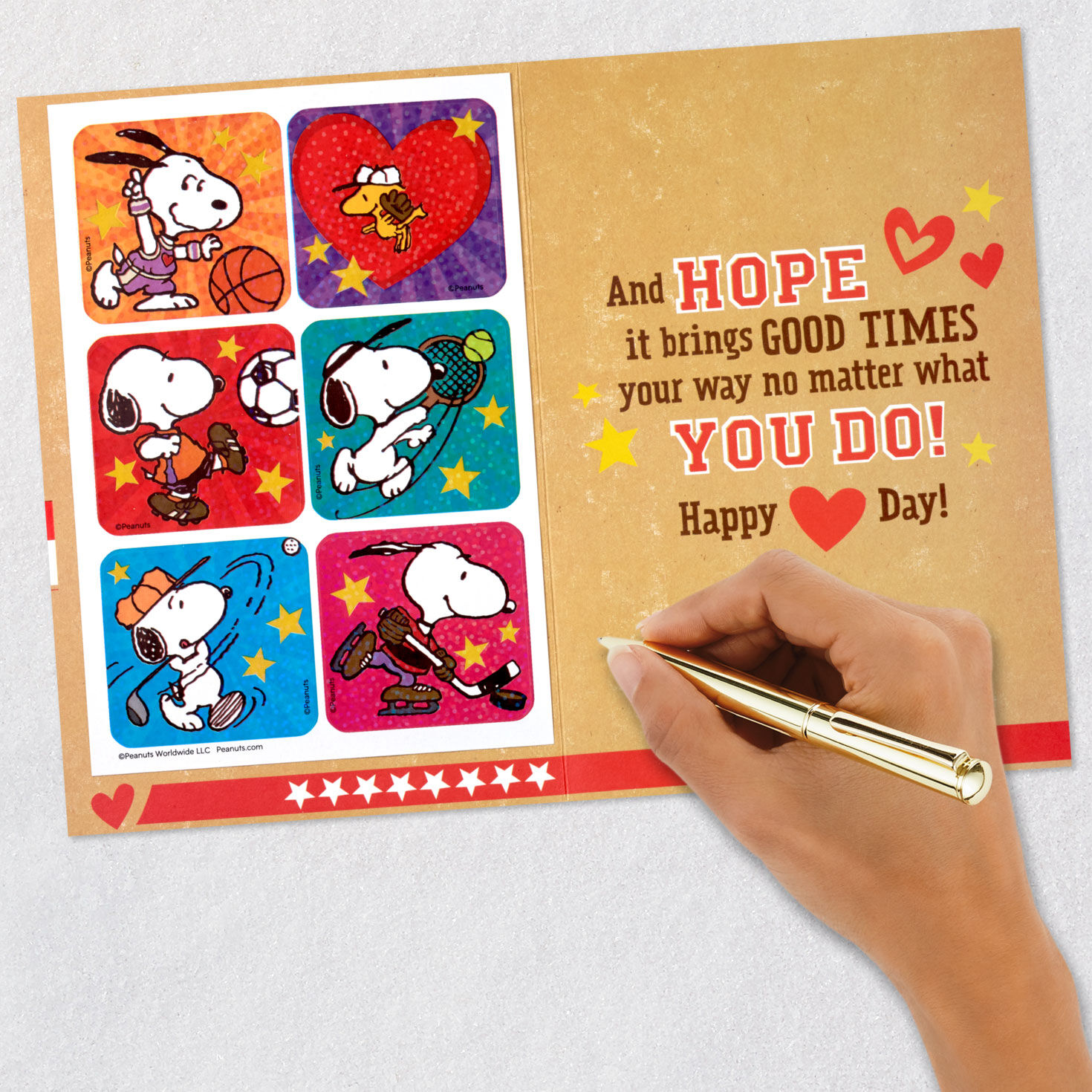 Snoopy and Woodstock Kids Valentine With Sports Stickers signing card image number 7
