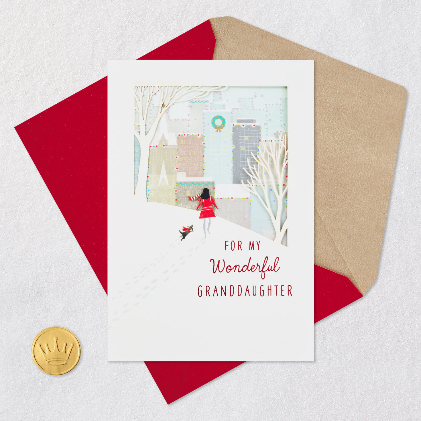Snowy City Scene Christmas Card for Granddaughter Card Front with Envelope and Gold Seal image number 6