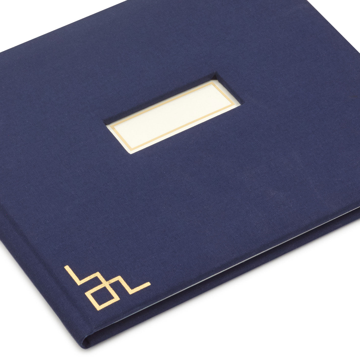 Gold Greek Key on Navy Blue Customizable Guest Book front closeup detail image number 6