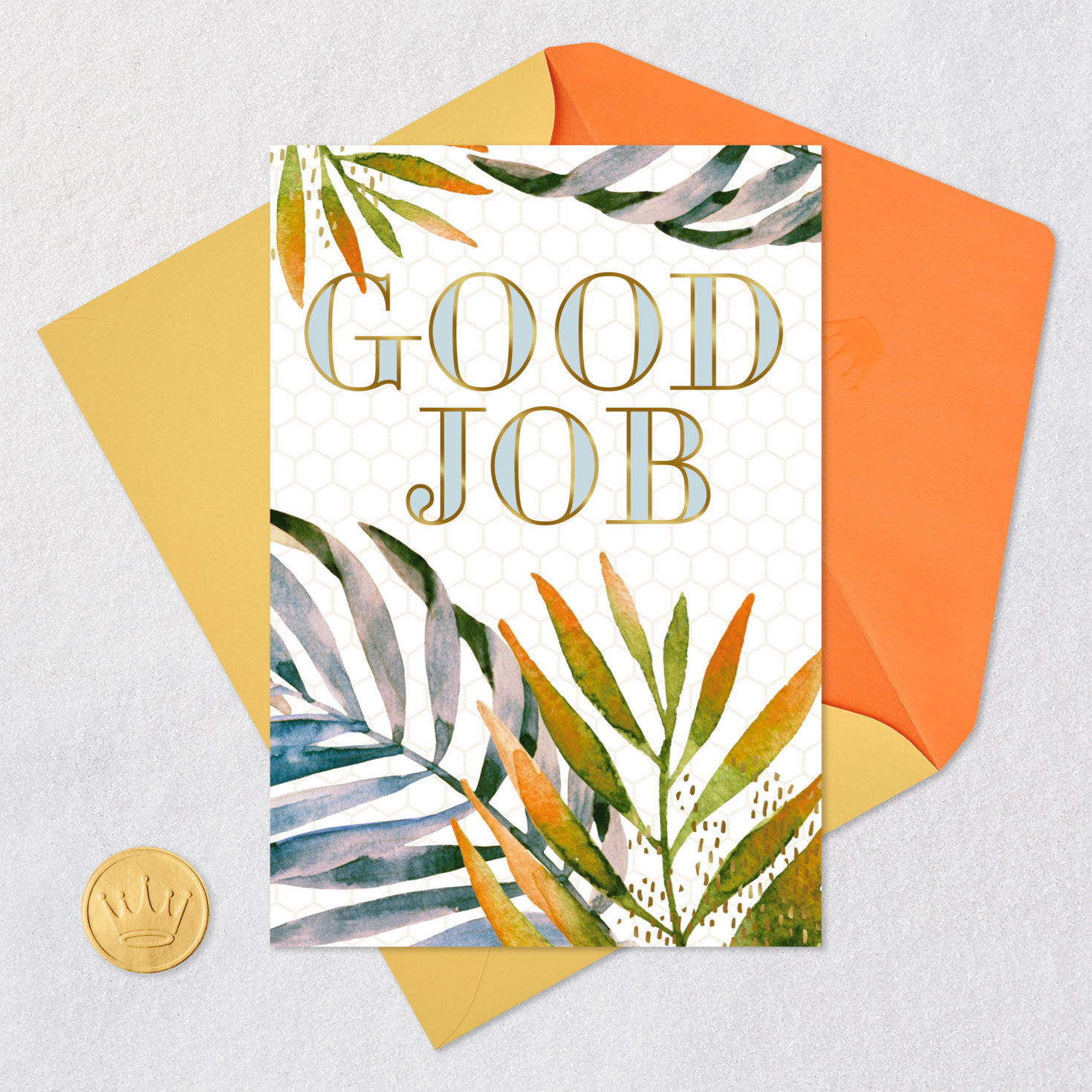 Watercolor Tropical Leaves Good Job Congrats Card Card Front with Envelope and Gold Seal image number 5