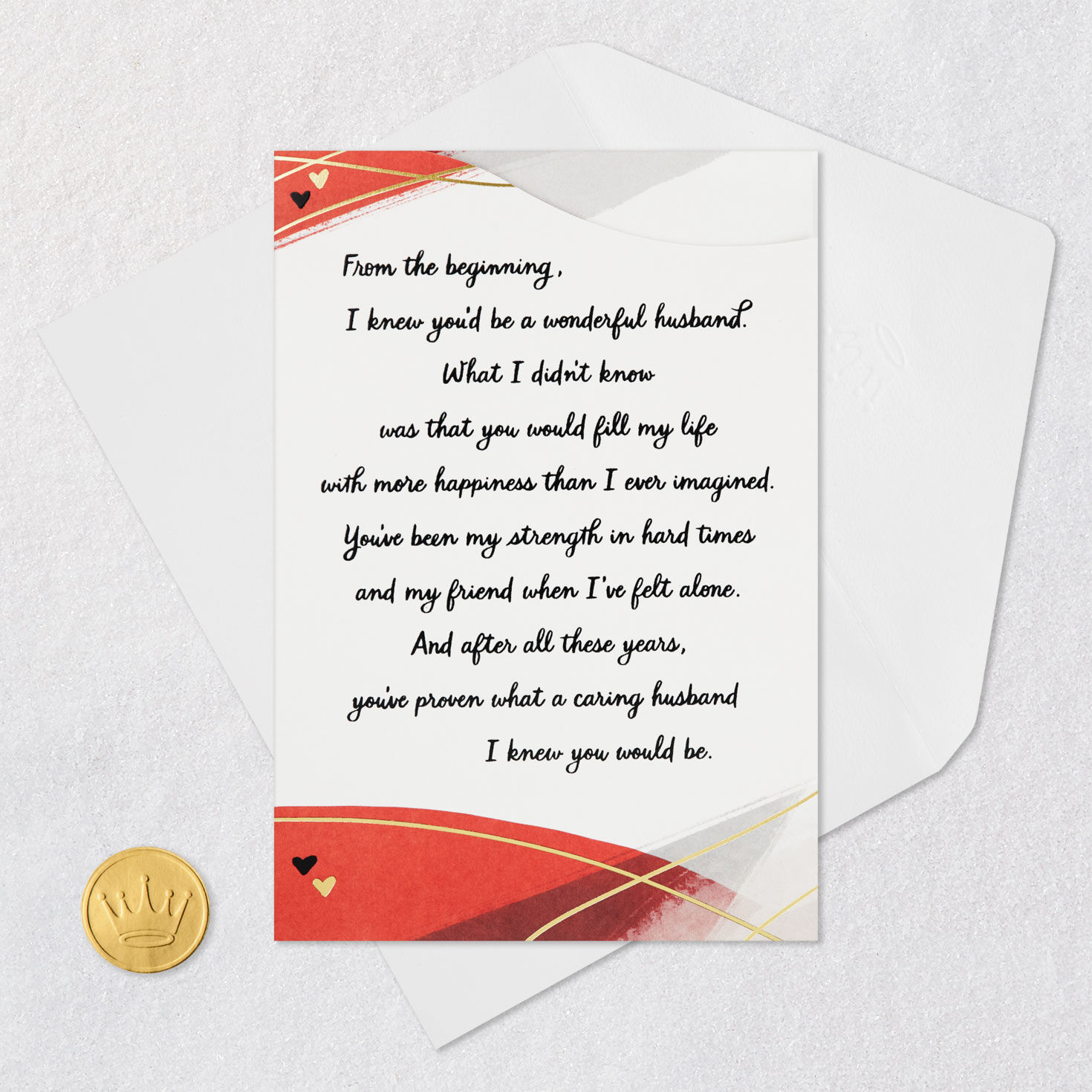 Red Waves on Pink Valentines Day Card for Husband Card Front with Envelope and Gold Seal image number 6