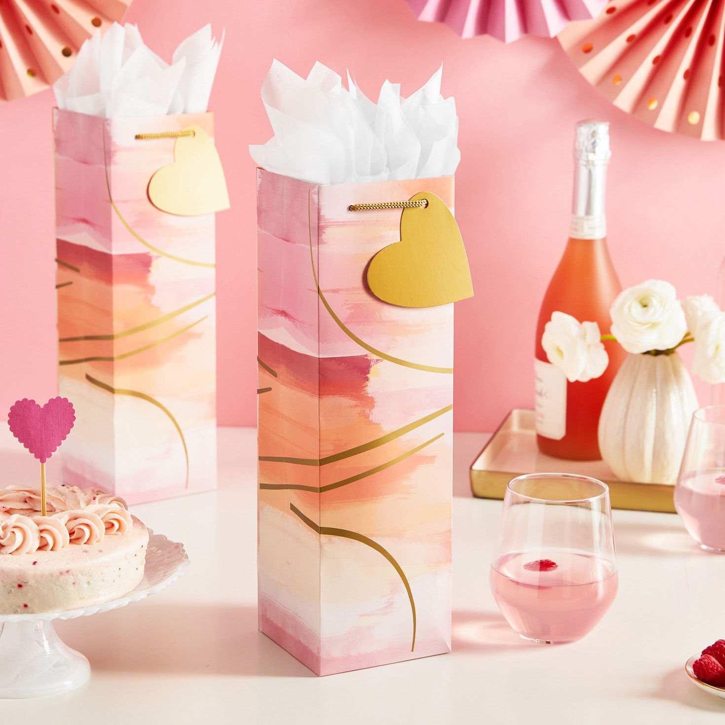 Abstract Pink and Gold 4-Pack Wine Bottle Gift Bags In use image number 2