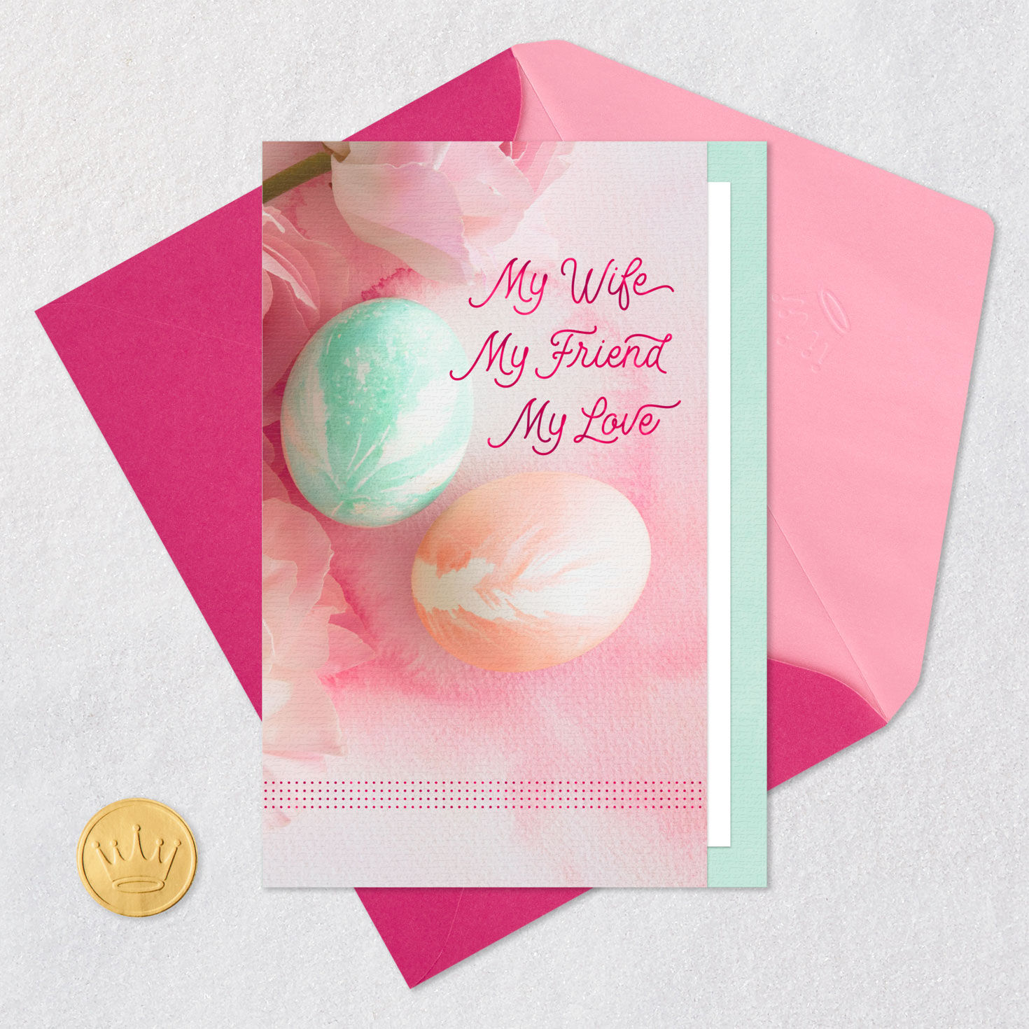 Peach and Mint Green Dyed Eggs Easter Card for Wife Card Front with Envelope and Gold Seal image number 5