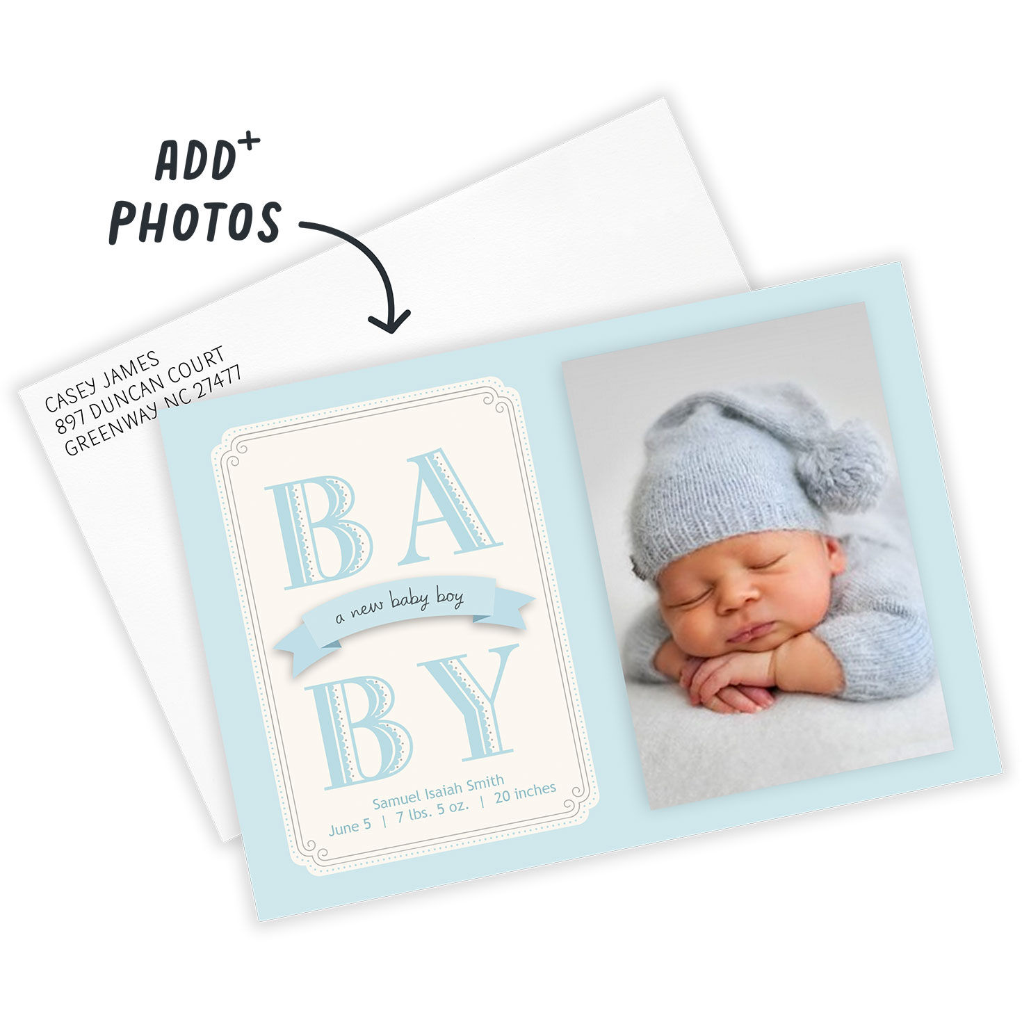 Blue Block Letters Personalized Baby Announcement Card Front indicating personalization image number 2