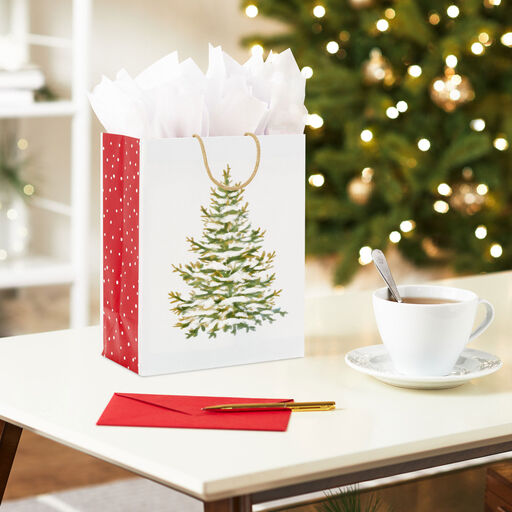 9.6" Snowy Evergreen Medium Christmas Gift Bag, 