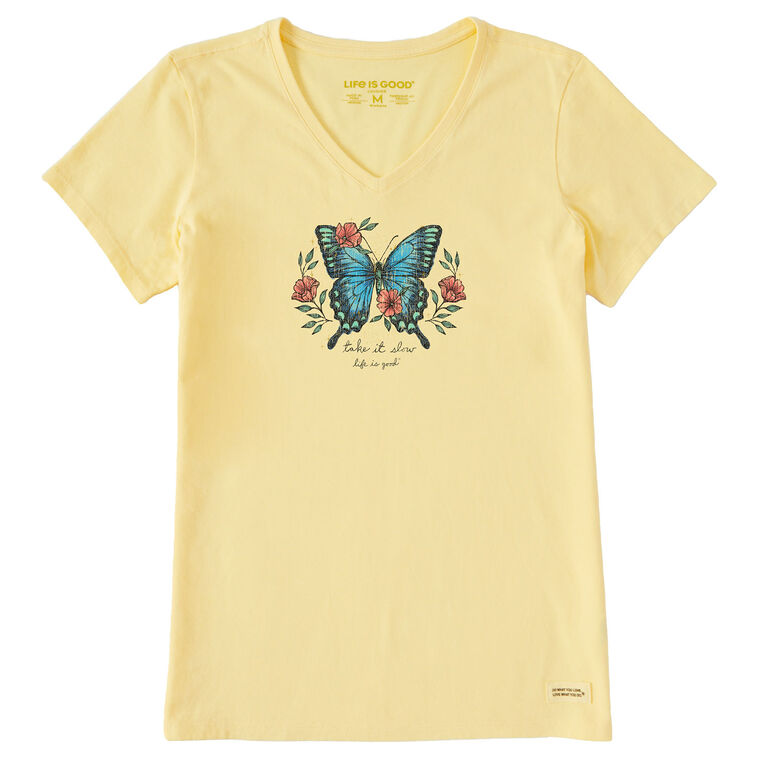 Life Is Good Women's Butterfly Yellow V-Neck T-Shirt
