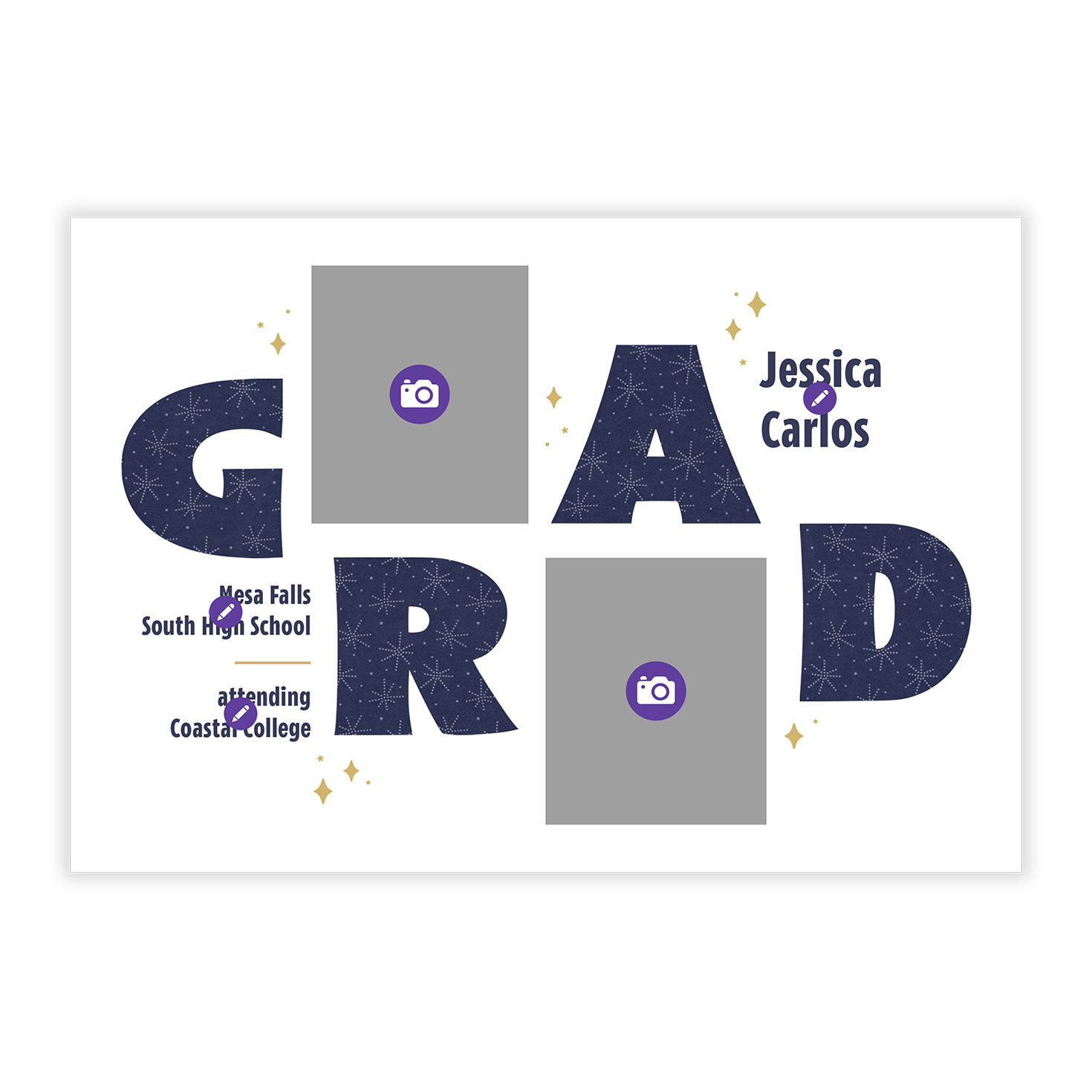 Large Blue Letters Personalized Grad Announcement Card Front indicating personalization image number 5