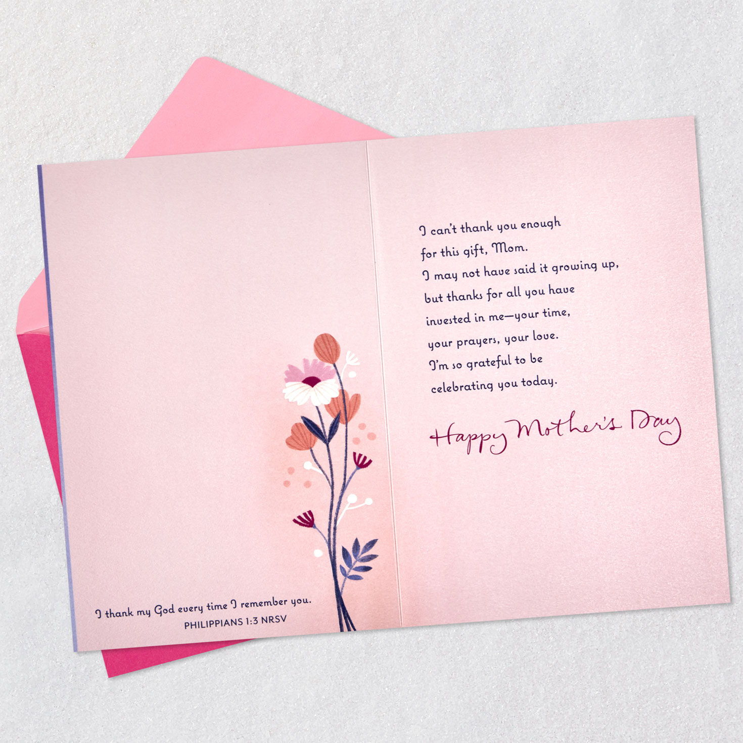 Flowers on Purple Religious Mother's Day Card for Mom open card with envelope image number 4