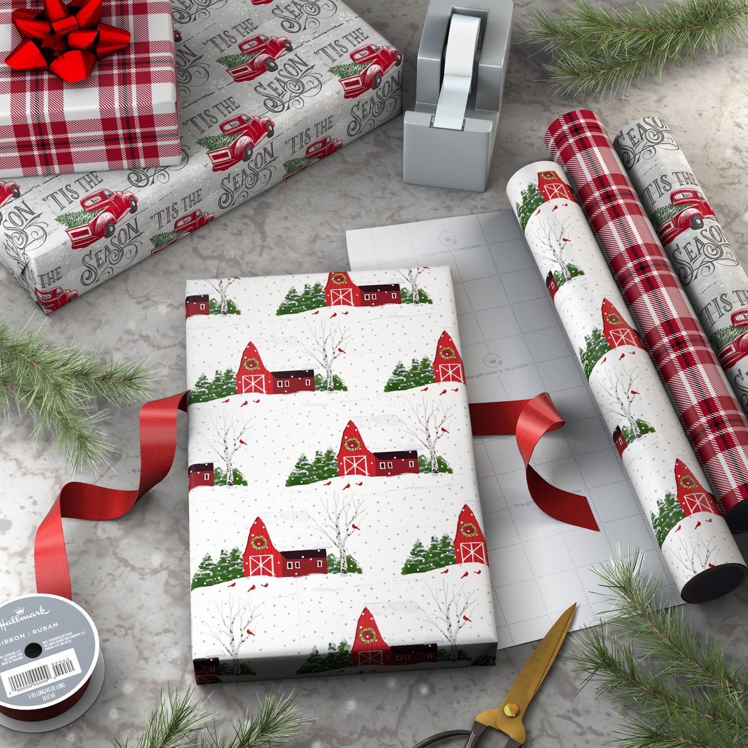 Red Truck 3-Pack Mini Xmas Gift Wrap Rolls in use image number 3